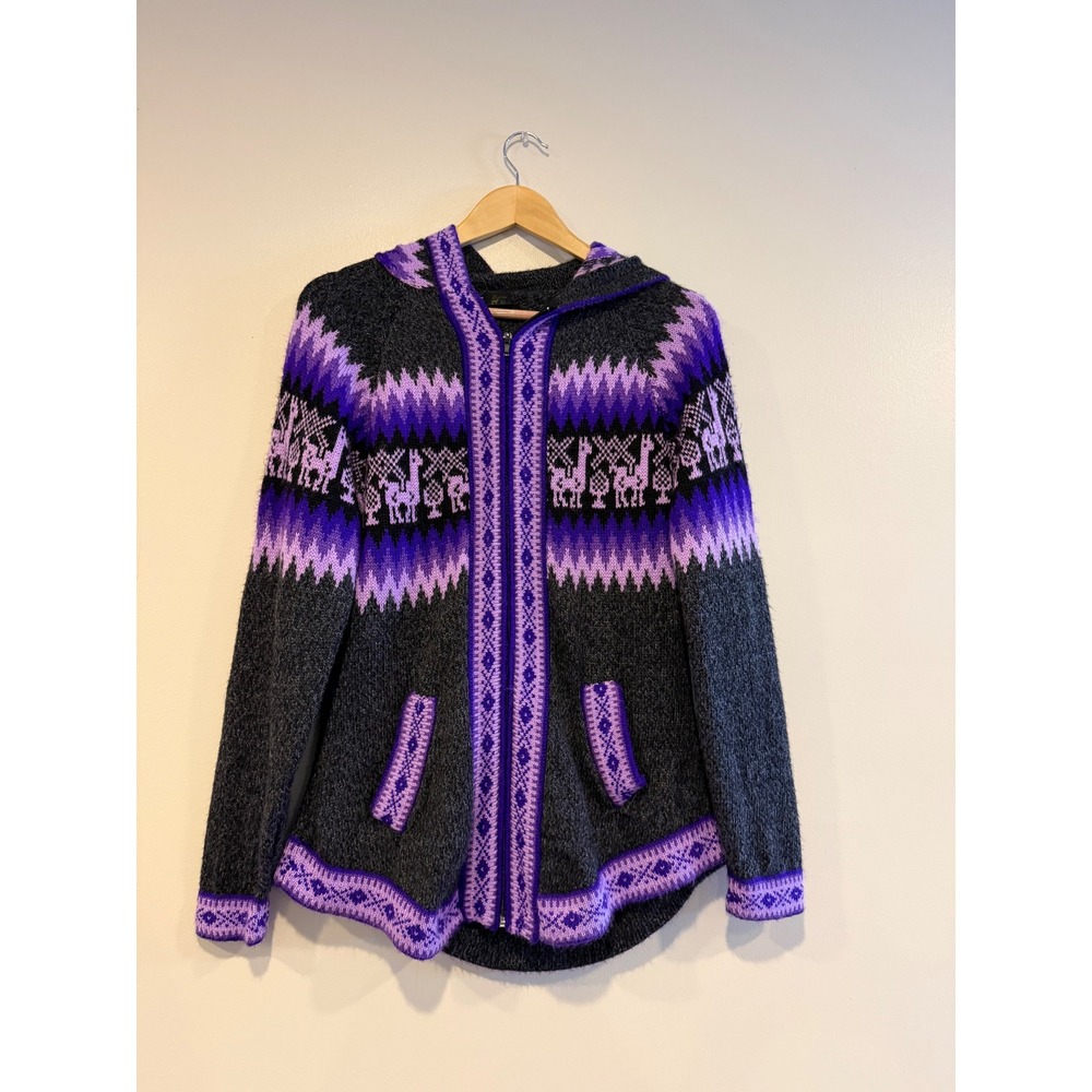 Peruvian 100% Alpaca Wool Full Zip Hoodie Purple Grey Fair Isle Llama Large
